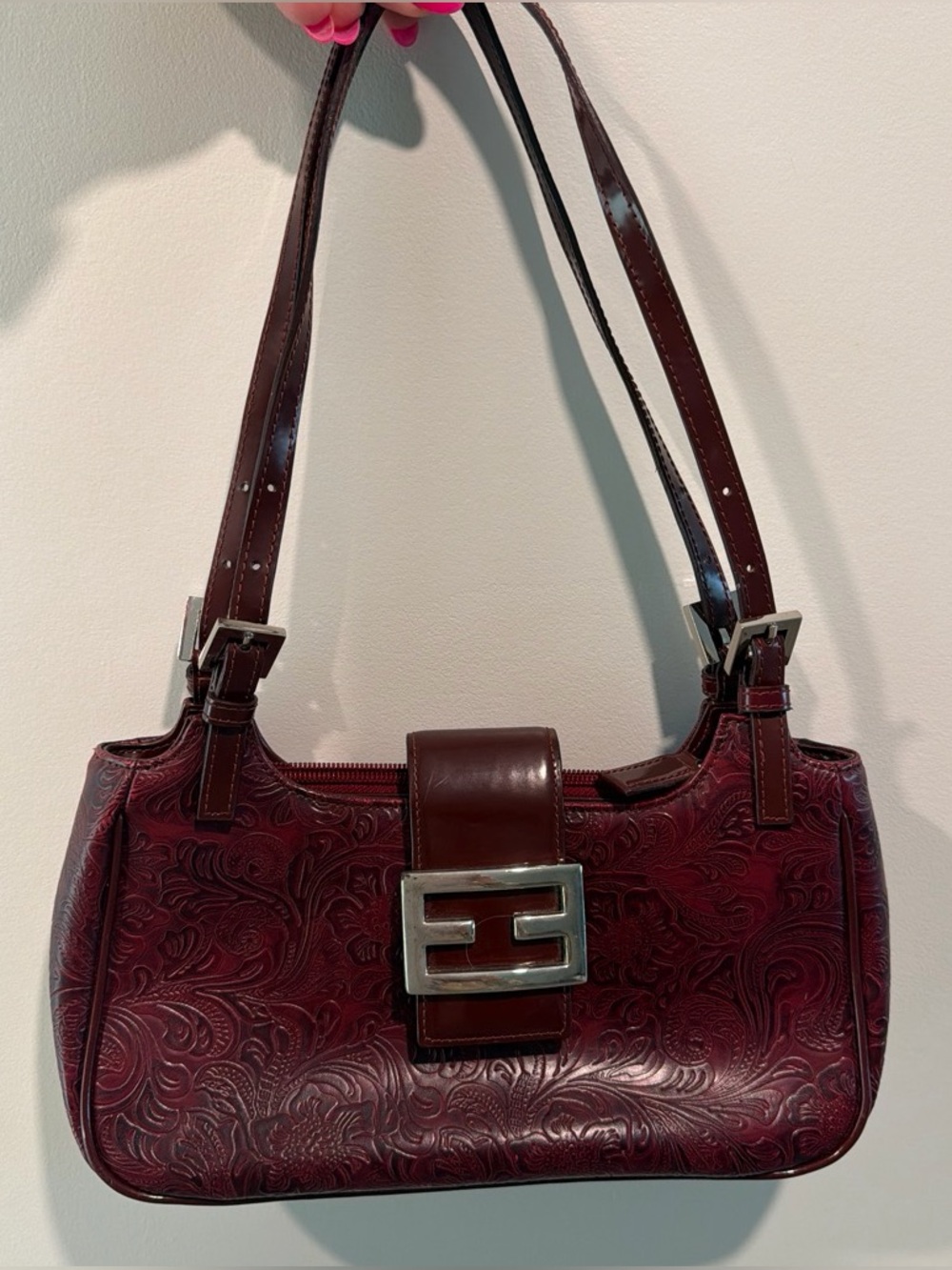 Embossed Burgundy Shoulder Bag with Silver Buckle